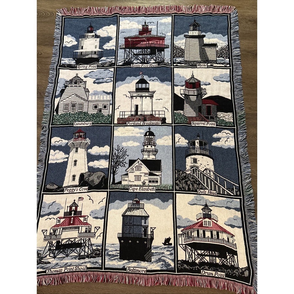 VTG Goodwin Weavers HISTORICAL Lighthouse Tapestry Throw Blanket USA 62 X  42